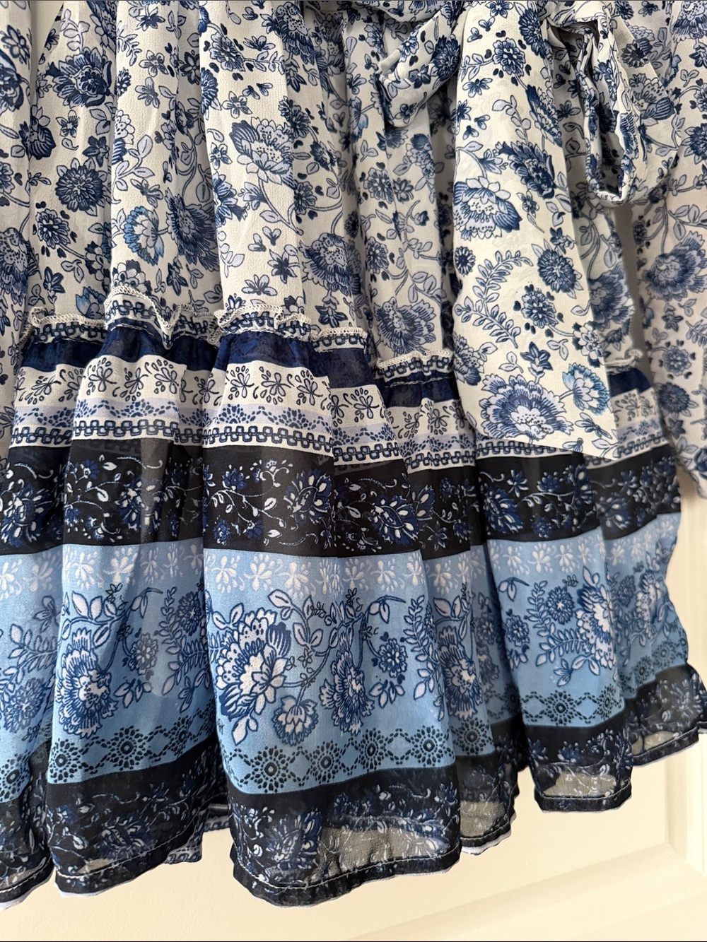 Japna Blue and White Long Sleeve Floral Wrap Dress - Picture 3 of 10